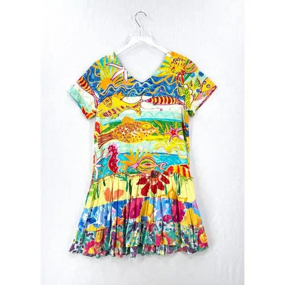 JAMS WORLD Hattie V Neck Dress Medium Creatures of the Sea Hawaiian Fish Vintage - Picture 2 of 12